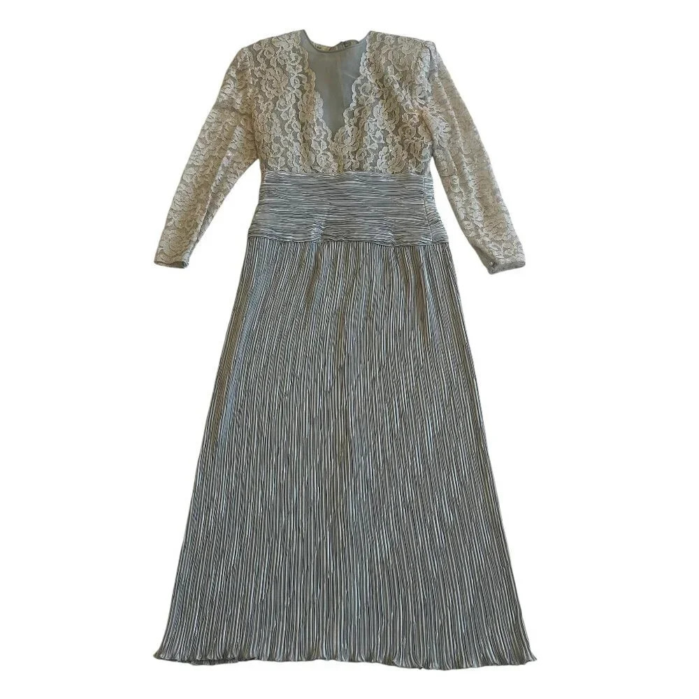 Ricki Lang For Nuit Vintage 1970s Lace Sheer Dress Pleated Size Large Women's